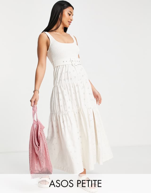 ASOS DESIGN Petite broderie shirred detail maxi dress with belt in cream