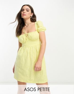 ASOS DESIGN Petite broderie short sleeve mini tea dress with ruched bust in lemon