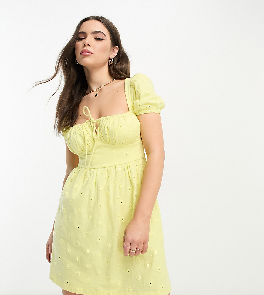 ASOS DESIGN Petite broderie short sleeve mini tea dress with ruched bust in lemon-Yellow