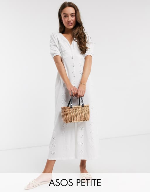 ASOS DESIGN Petite broderie tea maxi dress with puff sleeve in white