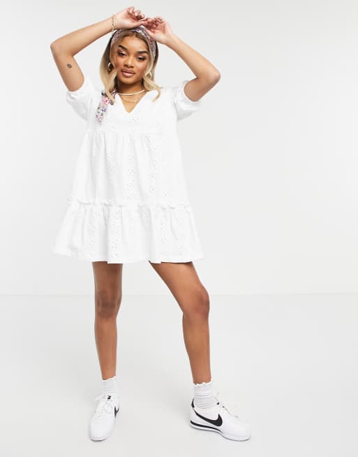 White v neck cheap smock dress