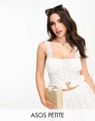 ASOS DESIGN Petite broderie vest top with lace up front in white