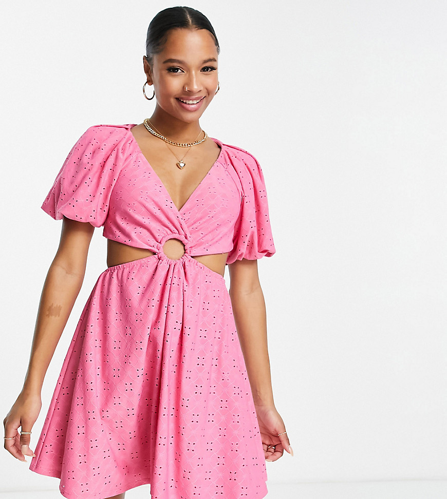 ASOS DESIGN Petite broderie volume sleeve mini cut out dress in pink-Multi