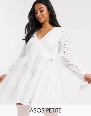 ASOS DESIGN Petite broderie wrap trapeze tiered mini dress in white