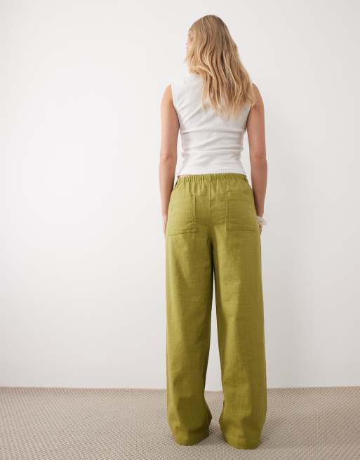 ASOS DESIGN Petite - Broek met linnenlook en elastische taille in olijfgroen, 2 van 5
