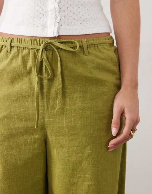 ASOS DESIGN Petite - Broek met linnenlook en elastische taille in olijfgroen, 4 van 5