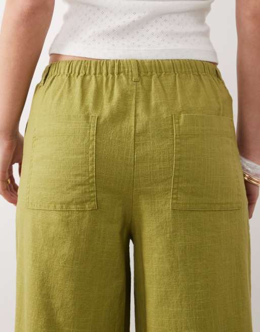 ASOS DESIGN Petite - Broek met linnenlook en elastische taille in olijfgroen, 5 van 5