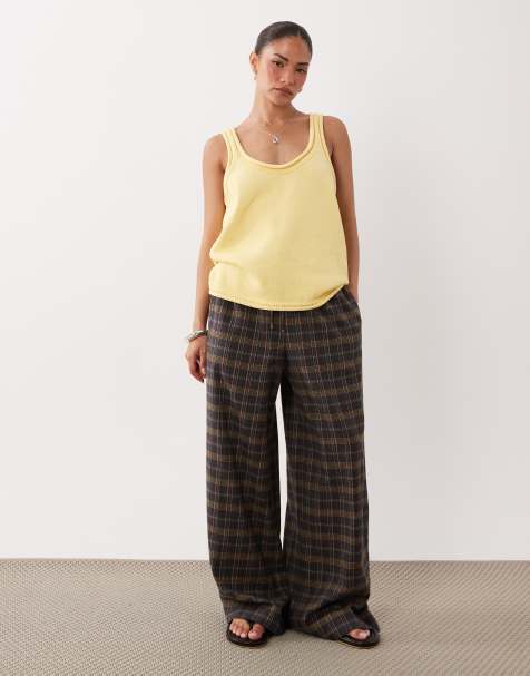 ASOS DESIGN Petite broek met wassing en ruit in bruin - view 1