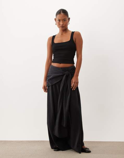 ASOS DESIGN Petite broek met wijde pijpen en sjaaldetail in zwart - view 1