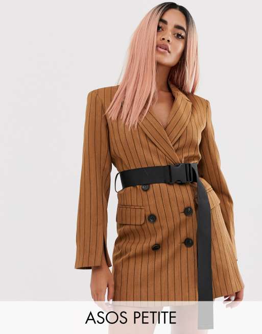 ASOS DESIGN petite brown stripe longline seatbelt blazer ASOS