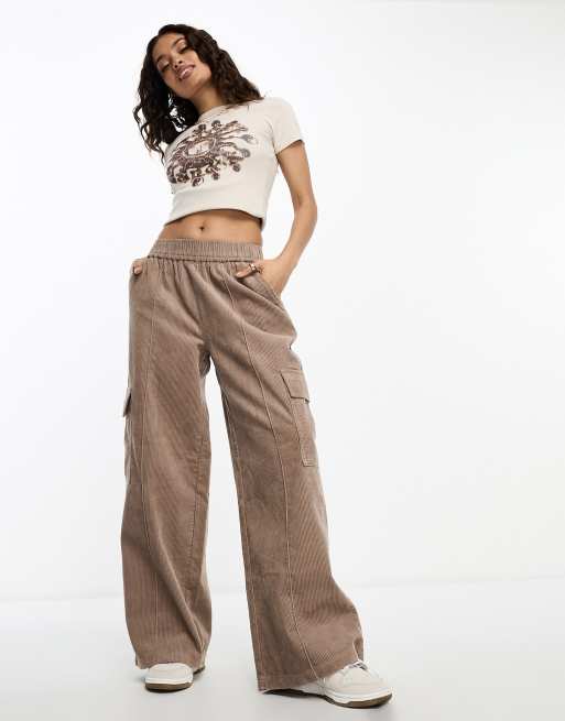 ASOS DESIGN Petite – Bruna manchesterbyxor i cargostil med resårmidja, 3 av 4