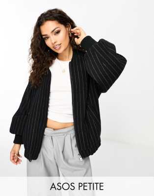 Asos Petite Asos Design Petite Brushed Bomber Jacket In Black Pinstripe-gray