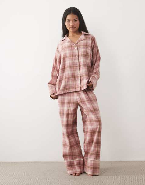 ASOS DESIGN Petite brushed long sleeve woven pyjama set in pink check - view 1