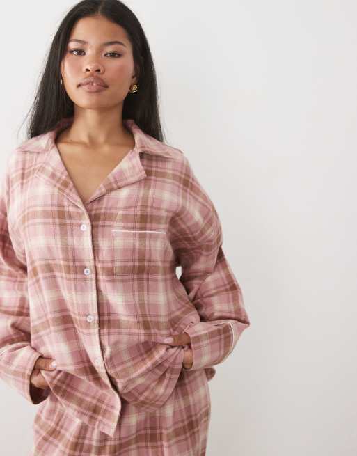 ASOS DESIGN Petite brushed long sleeve woven pyjama set in pink check, 2 of 4
