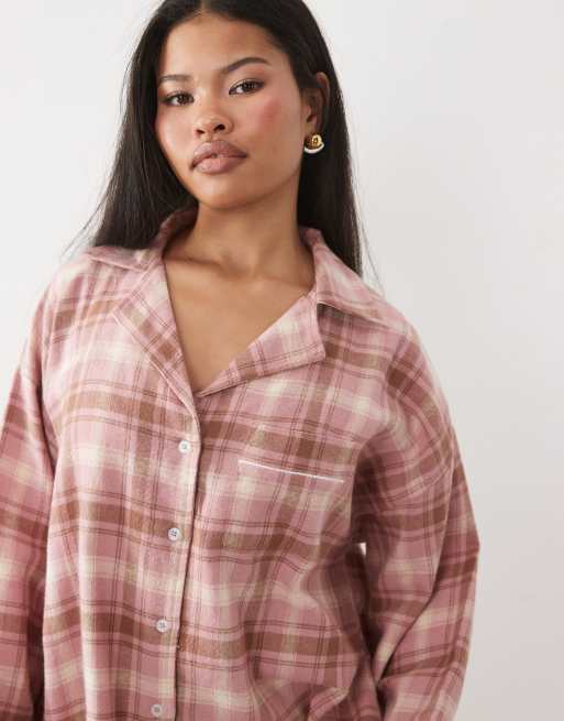 ASOS DESIGN Petite brushed long sleeve woven pyjama set in pink check, 3 of 4
