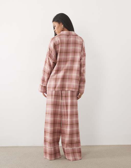 ASOS DESIGN Petite brushed long sleeve woven pyjama set in pink check, 4 of 4