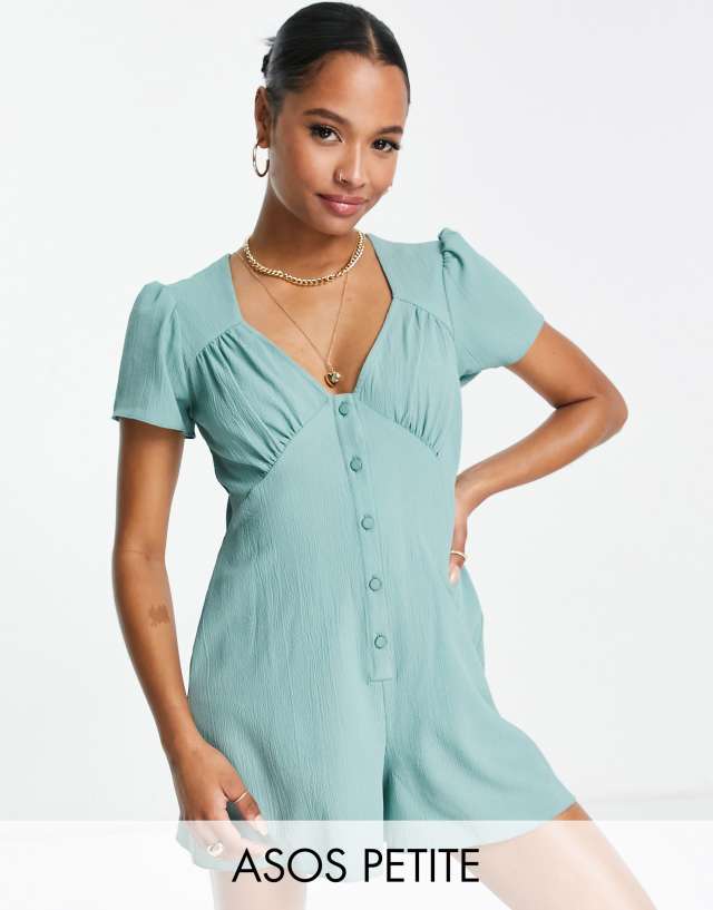 ASOS DESIGN Petite bubble crepe cap sleeve tea button front romper in sage