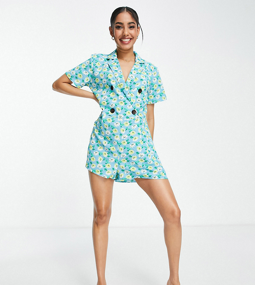 ASOS DESIGN Petite bubble crepe double breasted smock playsuit in blue daisy-Multi