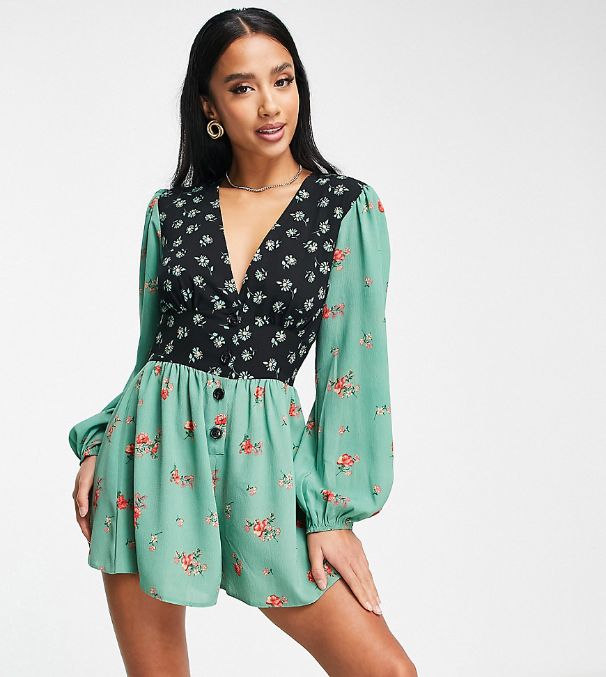 ASOS DESIGN Petite bubble crepe plunge neck playsuit with puff sleeve in mixed print-Multi