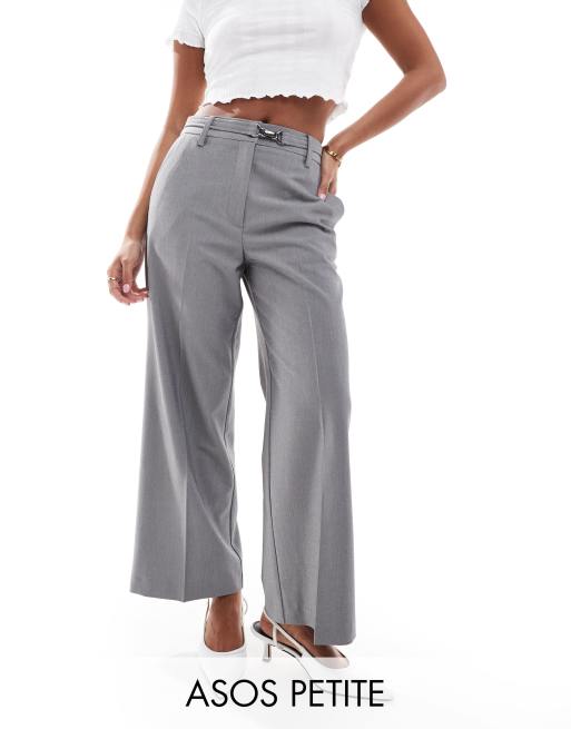 ASOS DESIGN Petite buckle detail crop wide leg tailored trouser in grey ASOS