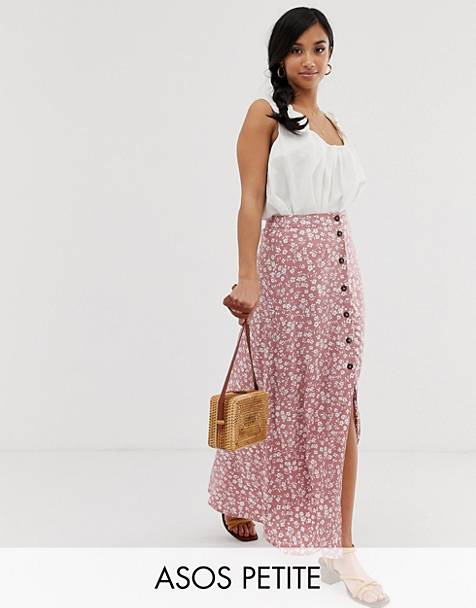 Petite button front maxi skirt in pink floral print
