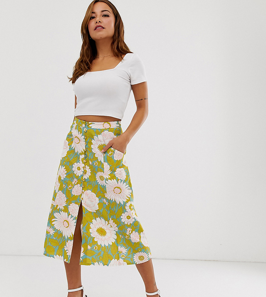 ASOS DESIGN Petite button front midi skirt in vintage floral print-Multi