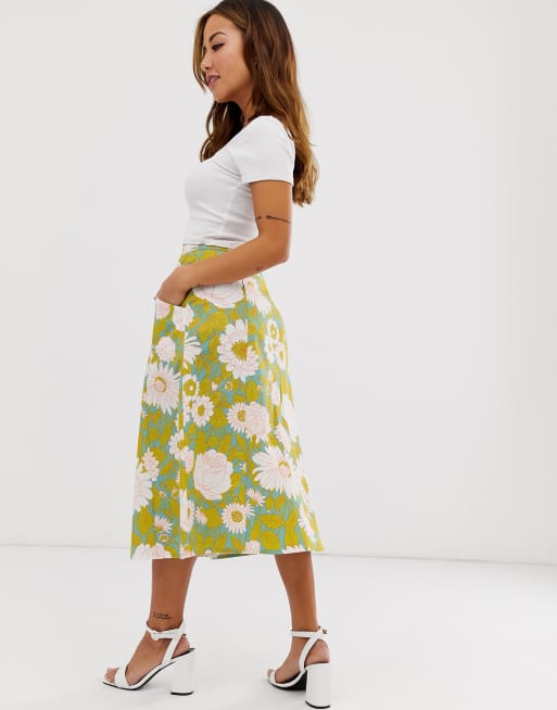 ASOS DESIGN Petite button front midi skirt in vintage floral print
