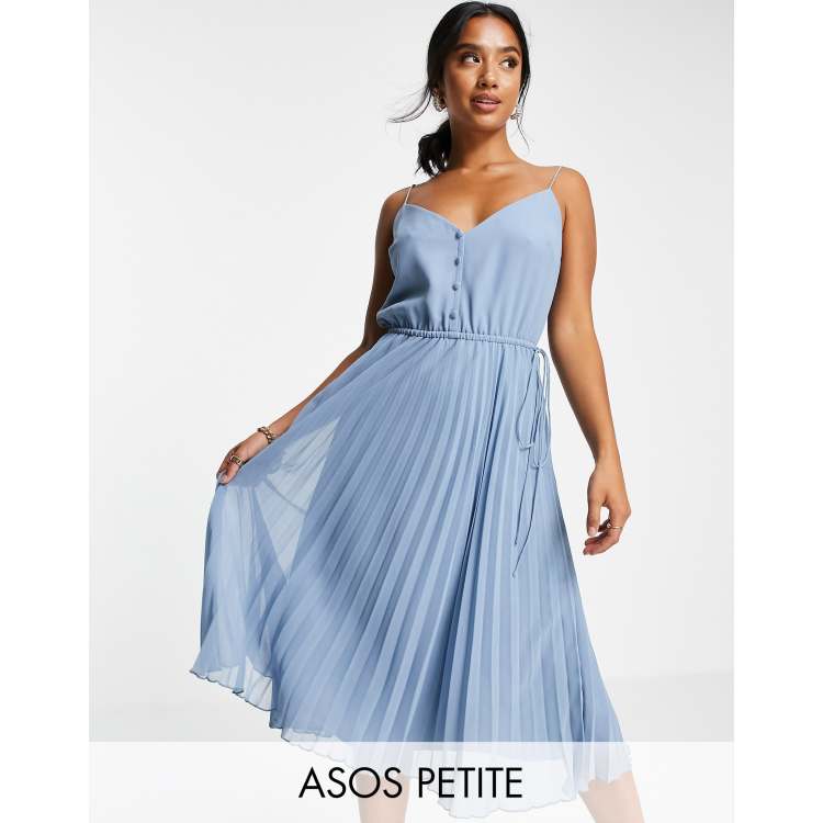 ASOS DESIGN Petite button front pleated cami midi dress with drawstring waist in deep blue ASOS