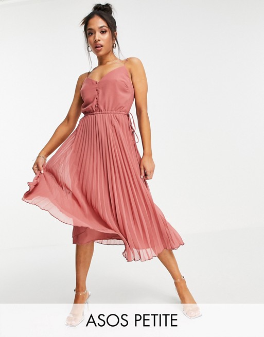 ASOS DESIGN Petite button front pleated cami midi dress with drawstring waist in pink