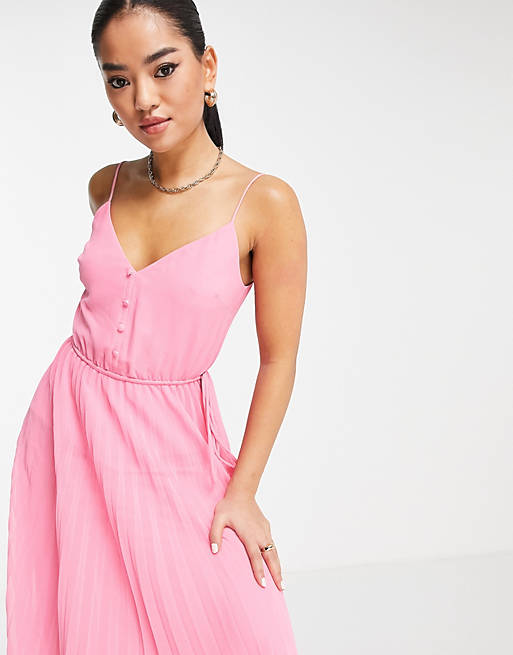  Petite button front pleated cami midi dress with drawstring waist in sugar pink 