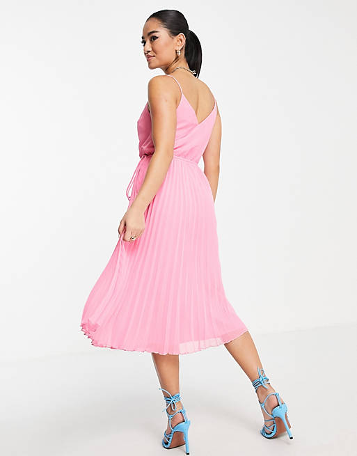  Petite button front pleated cami midi dress with drawstring waist in sugar pink 