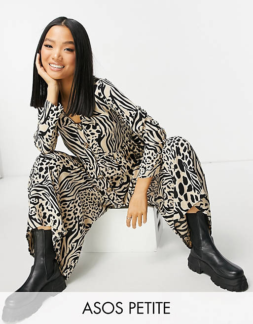 Women petite button front relaxed jumpsuit in animal print 