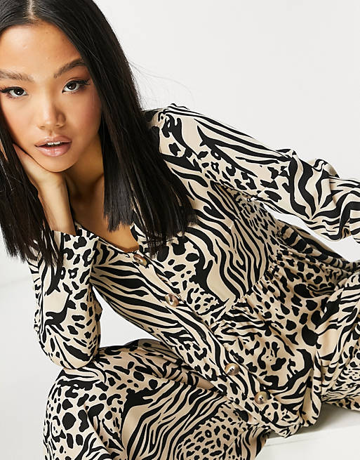 Women petite button front relaxed jumpsuit in animal print 