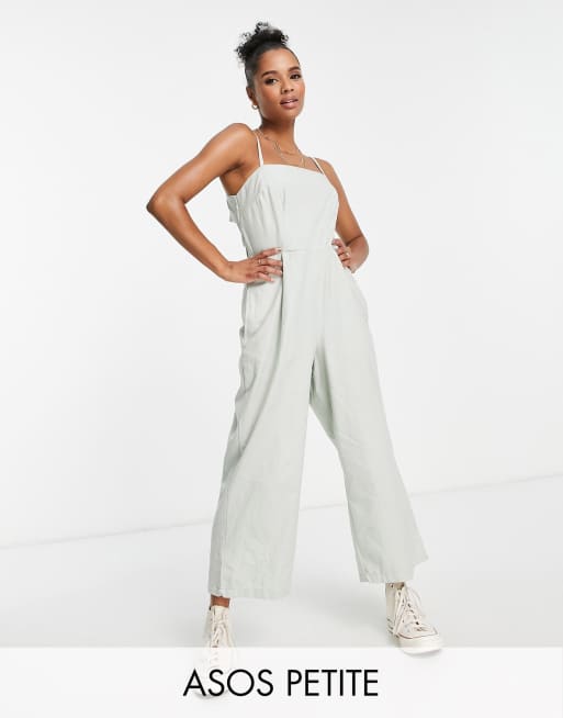 ASOS DESIGN Petite button open back minimal jumpsuit in sage