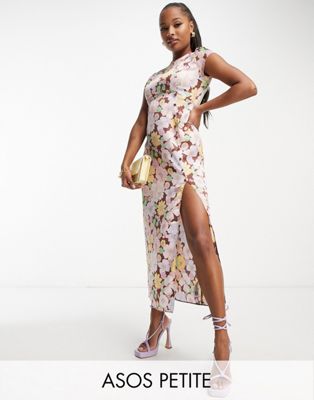 Asos Petite Asos Design Petite Button Side Detail Satin Midi Tea Dress In Bold Floral Print-multi
