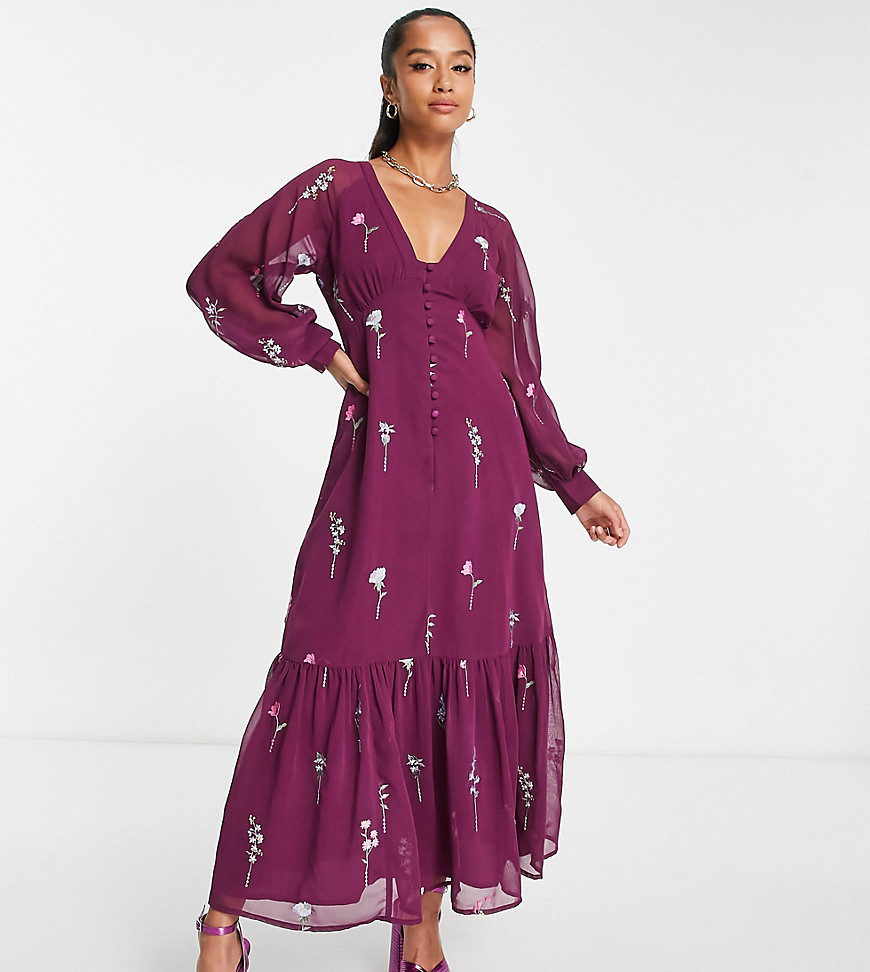 ASOS DESIGN Petite button through embroidered maxi tea dress in wine-Purple