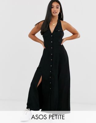 ASOS DESIGN Petite button through halter neck maxi dress | ASOS