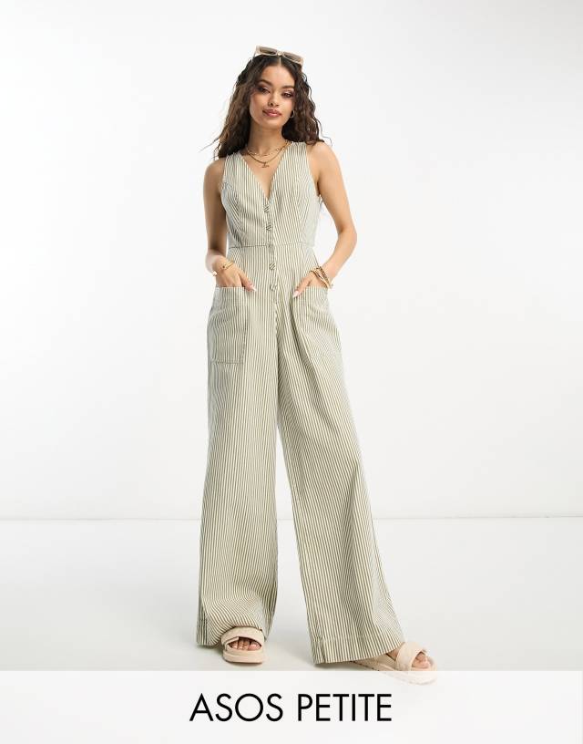 ASOS Petite - ASOS DESIGN Petite button through jumpsuit in stripe