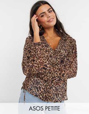 ASOS DESIGN Petite button through leopard print blouse-Multi