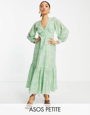 ASOS DESIGN Petite button through metallic maxi tea dress in green-Multi