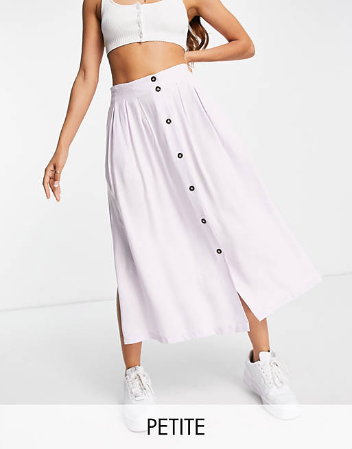  Petite button through midi skirt with deep pocket detail in lilac 
