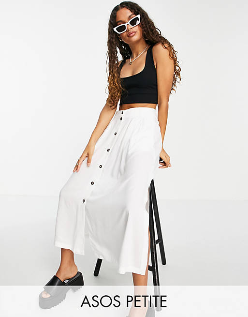 ASOS DESIGN Petite button through midi skirt with deep pocket detail in white