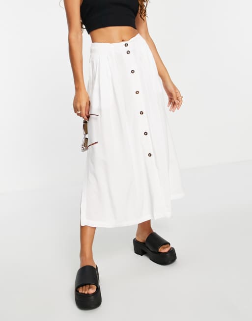 ASOS DESIGN Petite button through midi skirt with deep pocket detail in white