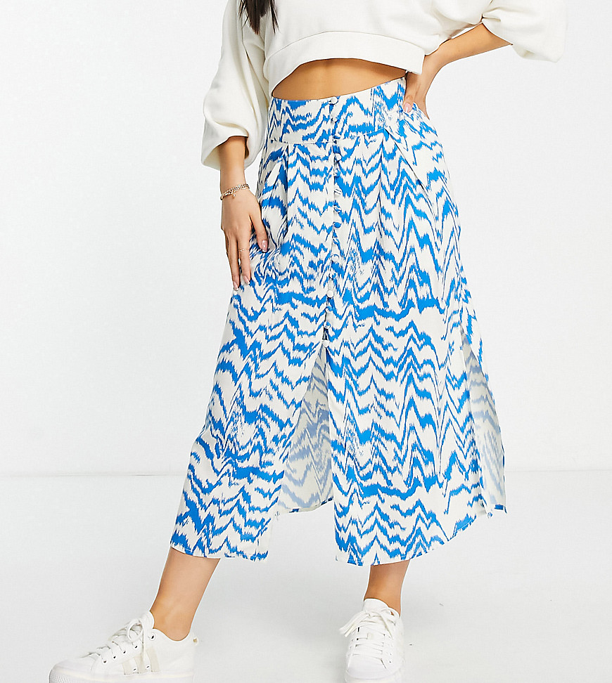 ASOS DESIGN Petite button through midi skirt with split in blue and white zebra print-Multi