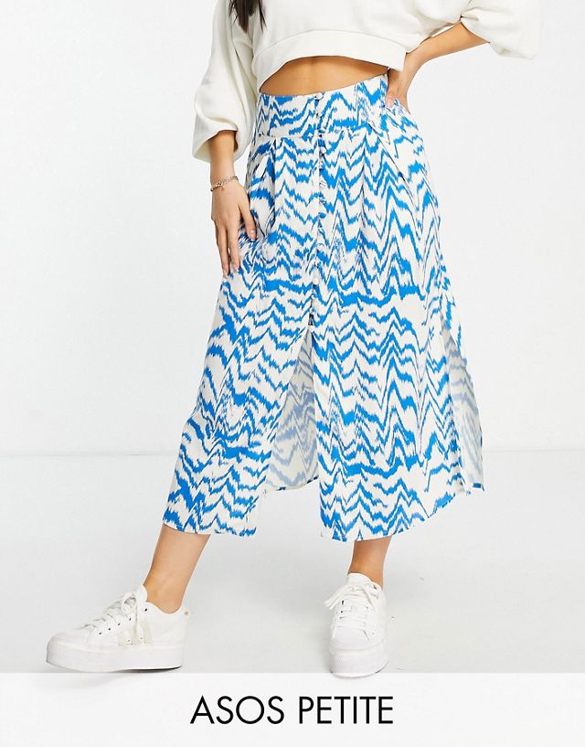 ASOS DESIGN Petite button through midi skirt with split in blue and white zebra print