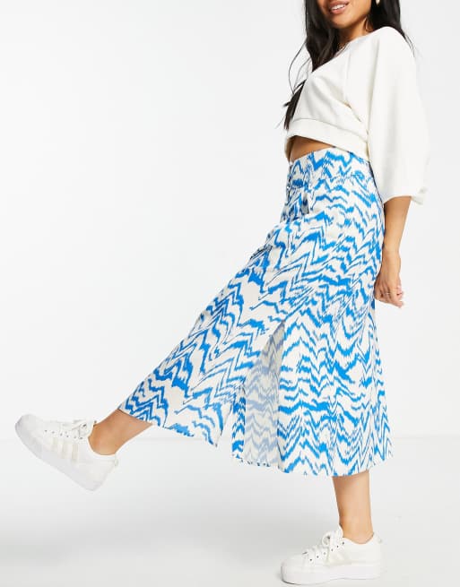 ASOS DESIGN Petite button through midi skirt with split in blue and white zebra print