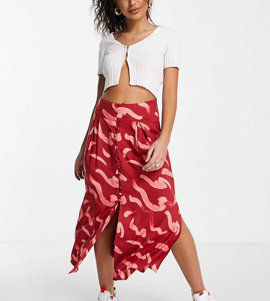 Asos Design Petite Button Through Midi Skirt With Split In Pink Smudge Print-multi