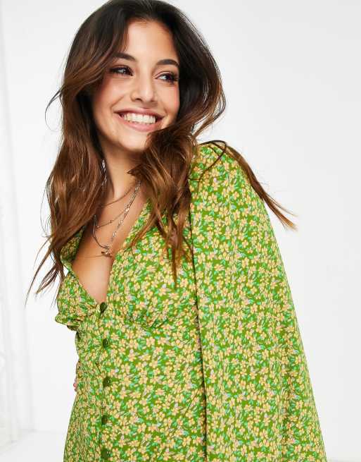 ASOS DESIGN Petite button through mini dress with 70s sleeve in khaki ditsy print, 2 of 4