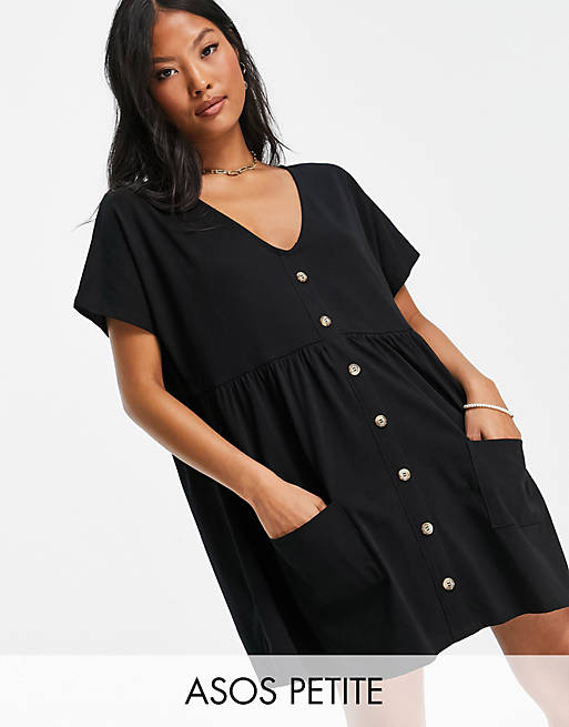 ASOS DESIGN Petite button through mini smock dress in black