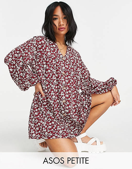  Petite button through mini smock dress with long sleeves in berry floral print 